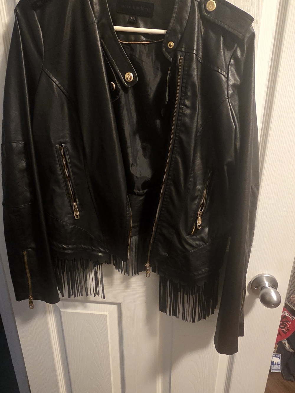 Black Faux Leather Fringe Motorcycle Jacket Steve Madden Womens Large L